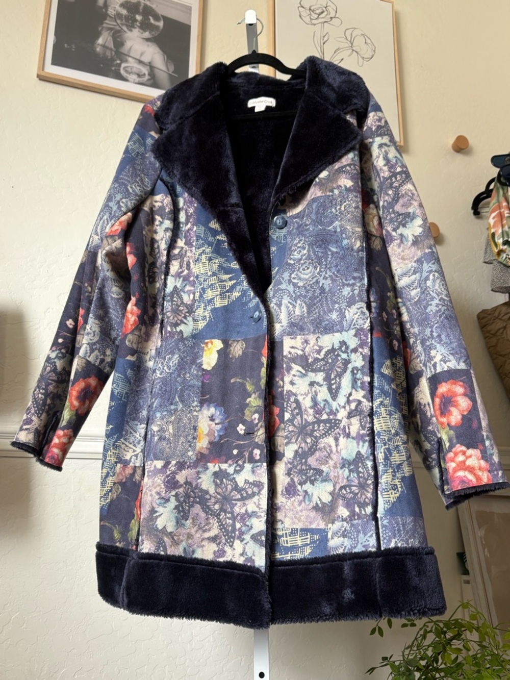 Vintage patchwork Coldwater Creek Plush Teddy Jacket with Patterned Trim fleece